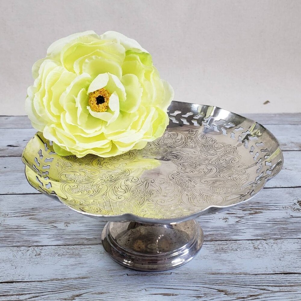 Scalloped Floral Silver Plate Open Compote Pierced Rim Footed Dish